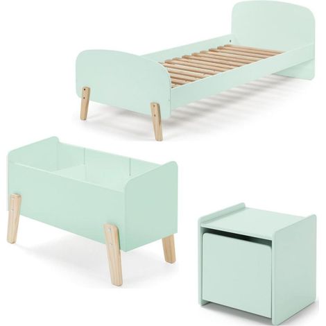 Pack - Lit Enfant, Chevet & Coffre "Kiddy" 90x200cm Vert Menthe (1/5)