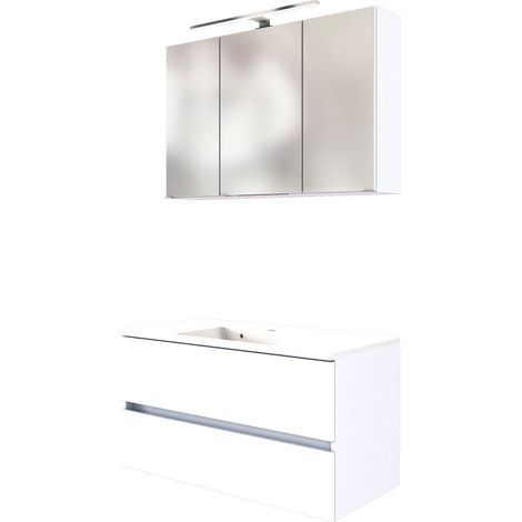 Badmöbel Waschplatz-Set 100 cm inkl. LED Spiegelschrank ARLON-03 matt weiß BxHxT 100x200x55 cm (1/5)