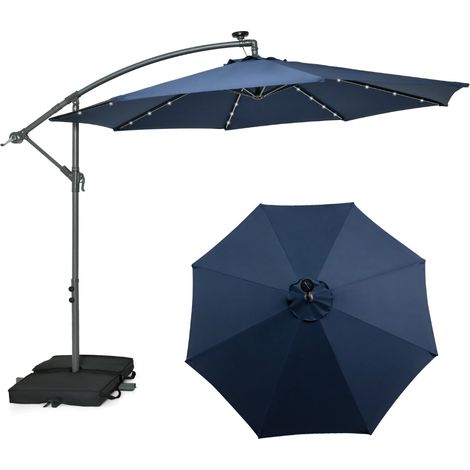 Ombrellone pendente da 3m con 32 luci LED pannello solare batterie sacco di sabbia, Ombrellone da esterno Blu scuro