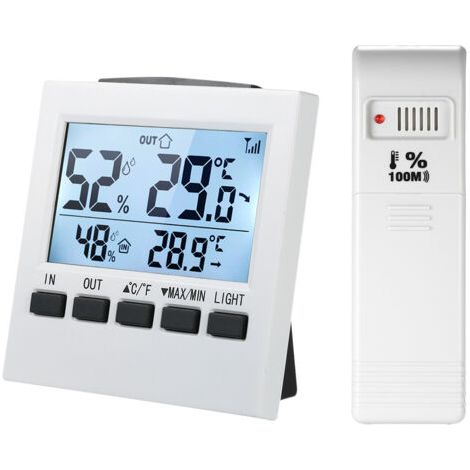 Thermomètre-hygromètre numérique sans fil LCD pour intérieur/extérieur, affichage des valeurs maximales et minimales, avec transmetteur. (1/5)