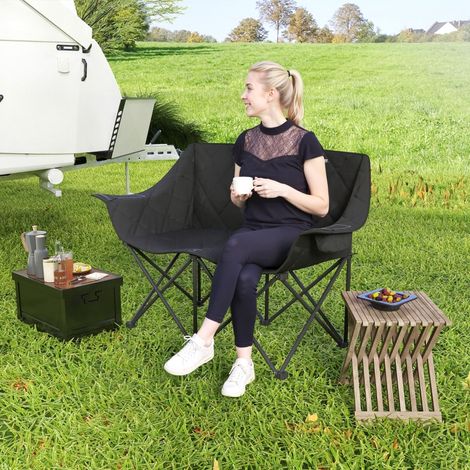 REDOM Chaise de camping double, pliante, avec 2 poches isothermes, housse de transport, polyester noir (1/5)