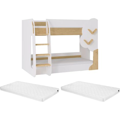 Lits superposés 2 x 90 x 190 cm - Blanc et Naturel + Matelas - PILATI (1/5)