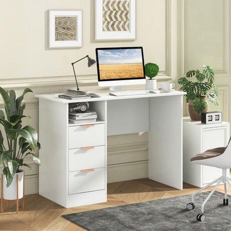 Station de charge intégrée pour un espace net, bureau blanc avec 3 tiroirs pour télétravail et étude (1/5)
