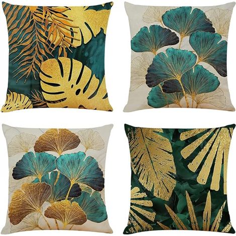 BEBUSINGOTO Lot de 4 housses de coussin 45 x 45, housse de coussin à feuilles bleu sarcelle et dorées, 18 x 18, coussins de canapé en lin pour salon, taies d'oreiller de luxe pour jardin extérieur (1/5)