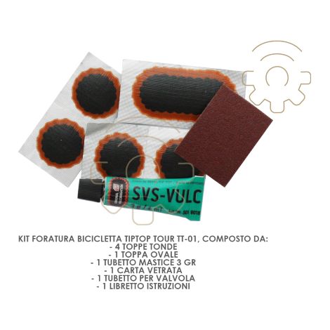 Kit riparazione foratura bicicletta tiptop tour tt-01 4 toppe tonde 1 toppa ovale 1 tubetto mastice 3 gr 1 carta vetrata 1 tubetto per valvola 1 libretto istruzioni (1/3)