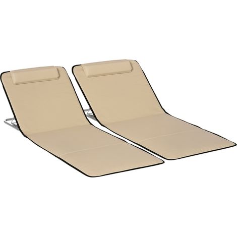 Outsunny Set of 2 Foldable Garden Beach Chair Mat Lightweight Outdoor Sun Lounger Seats Adjustable Back Metal Frame PE Fabric Head Pillow w/ Carry Bag, Beige