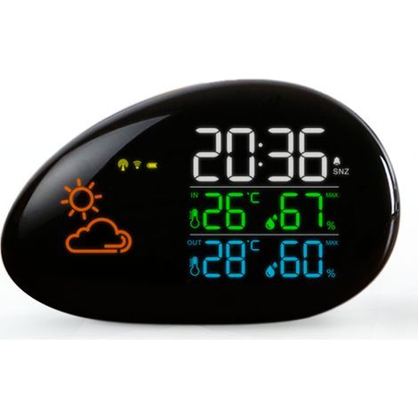 153x97x61mm Station Météo Radio Pilotée avec Capteur Extérieure et Intérieure, Température, Prévisions Météo, Humidité, Ecran Couleur LED, Horloge, Reveil (1/4)