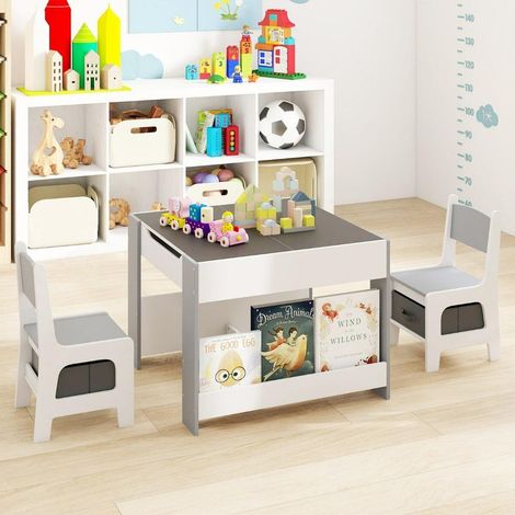 Ensemble table et chaises enfant 4 en 1, plateau réversible tableau noir/blanc, rangements, chambre ou crèche (1/4)