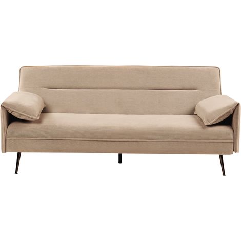 Sofá cama 3 plazas tapizado repelente al agua reposabrazos ajustables acolchado extra mecanismo clic clac patas de metal sala de estar dormitorio marrón claro Vayla