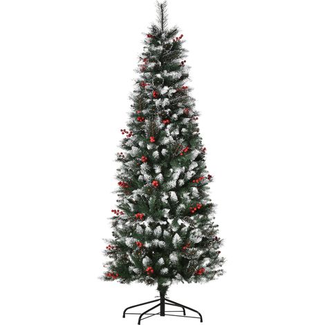 HOMCOM Albero di Natale 180cm con 539 Rami Innevati Bacche Rosse Base Rimovibile (1/5)