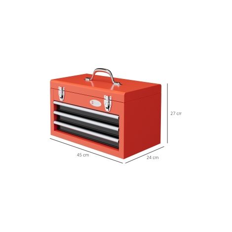 Caisse à outils vide rouge en acier 45 x 24 x 27 cm avec 3 tiroirs, rangement supérieur, poignée et 2 verrous pour atelier et garage (1/5)