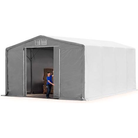TOOLPORT Carpa almacén 8x8 m carpa industrial con 4m de altura lateral PRIMEtex PVC 2300 N ignifuga 100% impermeable gris con puerta corrediza (1/5)