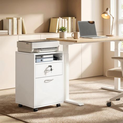 Classeur de bureau à tiroirs. Roulettes avec freins et étagère ouverte. Caisson à tiroirs avec serrure et 2 clés pour formats lettre/légal/A4. Meuble de bureau. 40 x 35 x 60 cm. Blanc