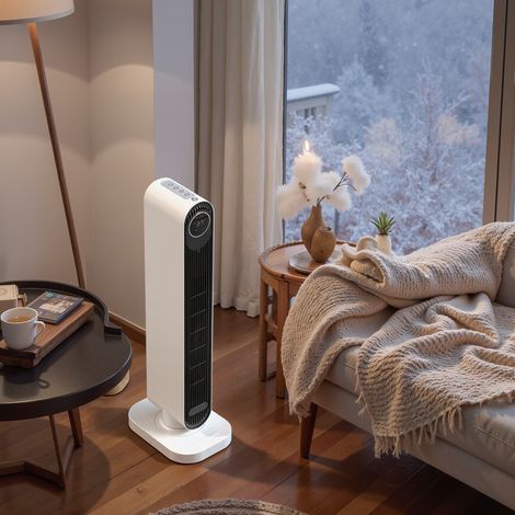 Energiesparender elektrischer Heizlüfter, 2000 W Keramik-Heizelement, 3 Betriebsmodi, einstellbare Temperatur, 15-Stunden-Timer, Fernbedienung, Oszillationsfunktion, Überhitzungs- und Kippschutz, Weiß