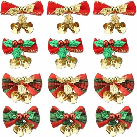 Set mit 12 Weihnachtsschleifen mit Glöckchen, rote Stoffschleifen, Christbaumschmuck, Eisenschleifen für dekorative Weihnachtsgirlanden (5 x 3 cm) (1/5)