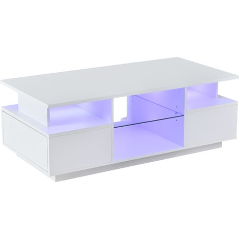 Tavolino da caffè LED 100x50x36 cm bianco lucido con 2 cassetti e ripiani in vetro (1/5)
