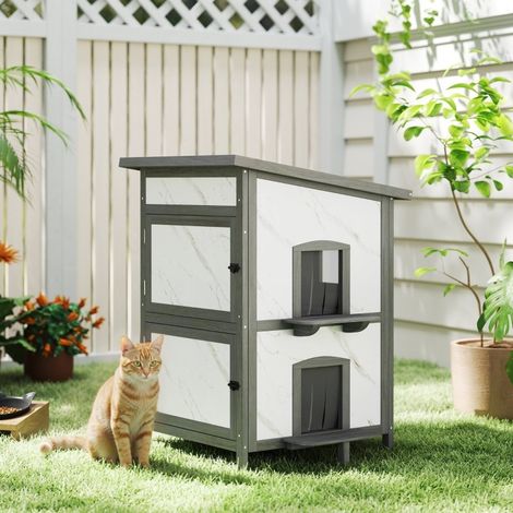 Maison pour chat d'extérieur 60x60x88 cm en bois blanc, double niveau, pour extérieur – MEUBLIV (1/5)