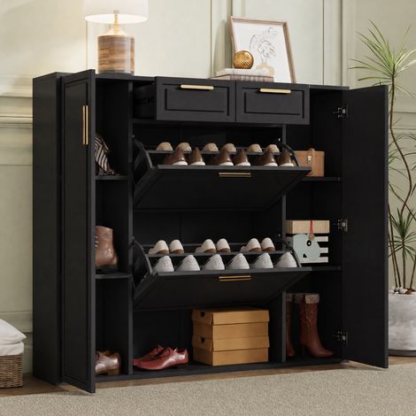 REDOM - Scarpiera - 95x24x107.5 cm - ripiani regolabili - 2 cassetti - vani aperti - pannello truciolare - nero