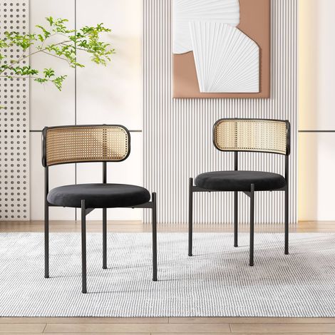 Lot de 2 chaises de salle à manger en velours, design moderne avec pieds en métal, dossier en rotin, noir (1/5)