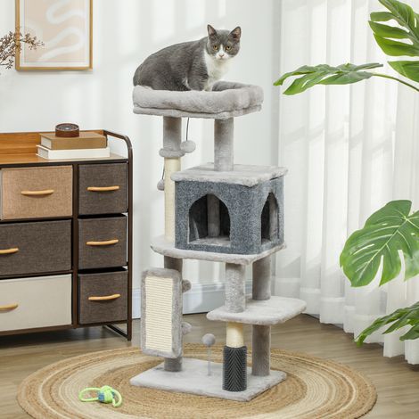 Katzenbaum, Spielturm, 104 cm hoch, mit Häuschen, Bett und Bürste, 44 x 34 x 104 cm (B x T x H), hellgrau