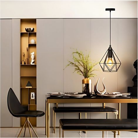 Suspension lumineuse en métal noir forme diamant, douille E27, style industriel (sans ampoule)