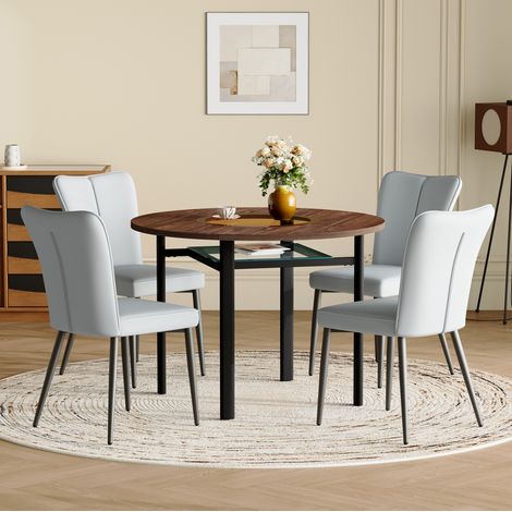 Conjunto de comedor redondo, mesa de MDF con vidrio marrón, sillas de PU gris claro y metal negro (1/5)
