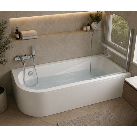 Baignoire d'angle asymétrique droite 160 x 75 cm - blanc - sans tablier, pieds, vidage chrome, pare - baignoire - OASIS (1/5)