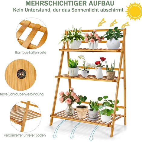 COSTWAY 3 Ebenen Pflanzenleiter klappbar, Pflanzenregal Bambus, Blumenregal Blumenleiter freistehend, Blumenständer für innen draußen, Blumentreppe Pflanzentreppe Leiterregal, Natur