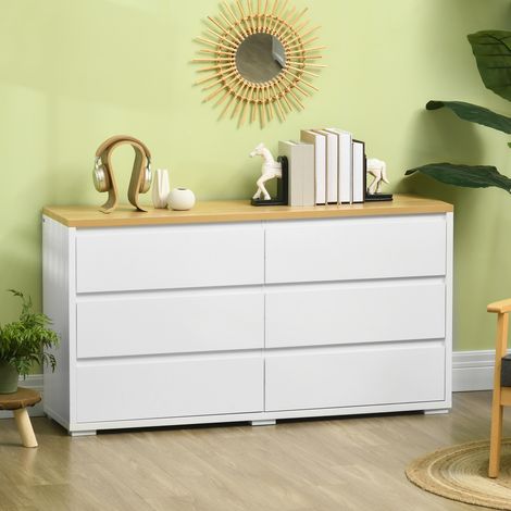 Commode 6 tiroirs en panneaux de particules blancs, idéale pour les chambres, les bureaux et les salons. 140 x 37 x 75 cm