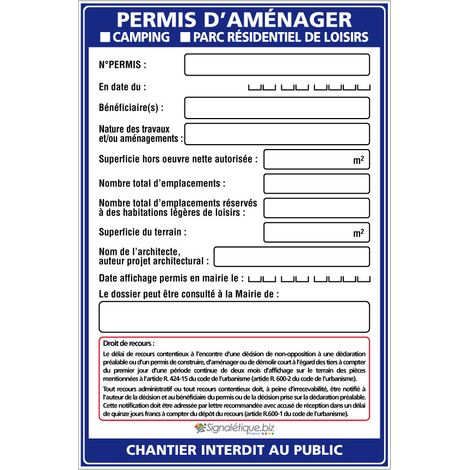 Panneau Permis d'Aménager Camping et Parc Résidentiel + Marqueur noir (W1034). Sans oeillets .  - Sans oeillets (1/5)