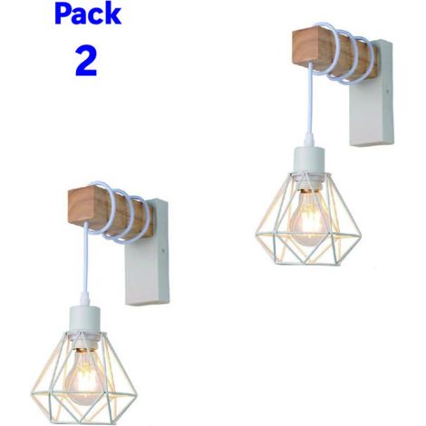 Lot de 2 appliques murales bois vintage écran cage blanc pour salon E27