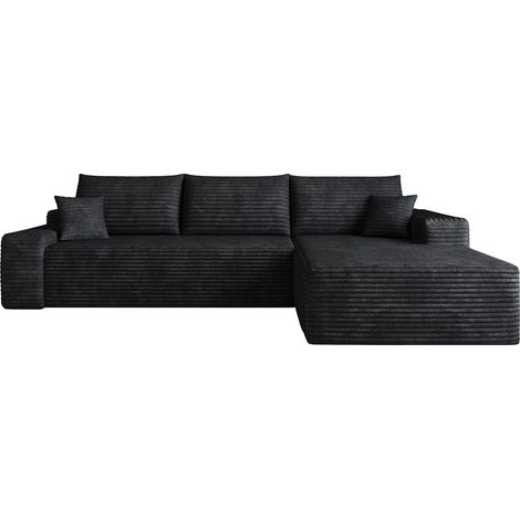 Canapé d'angle modulaire 270 cm avec chaise longue en L en velours côtelé rayé noir (1/5)