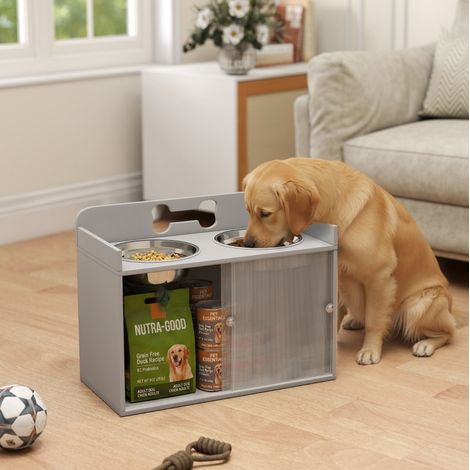 Stazione rialzata per cani con 2 ciotole e armadietto, MDF e acciaio inox, grigio, OKWISH (1/5)