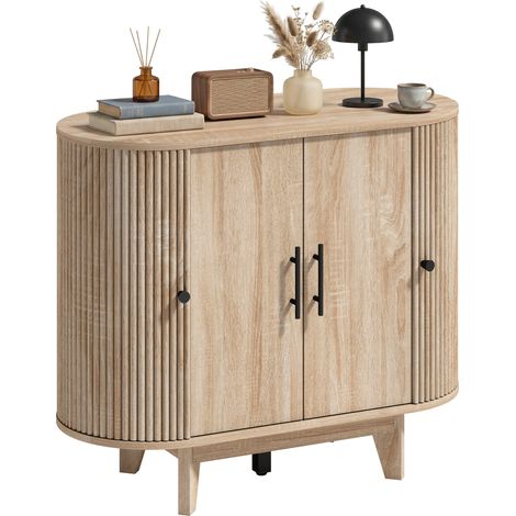 Wohnzimmer-Sideboard, ovales Aufbewahrungsmöbel mit 4 Türen und verstellbaren Einlegeböden, 90 x 40 x 76 cm, Eiche