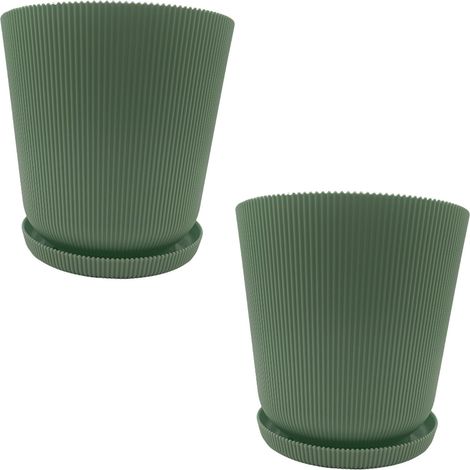 Pot de Fleurs, Set de 2, Pot avec Soucoupe, H x D : 20 x 20 cm, Pot à Herbes, Plastique, Sauge (1/5)