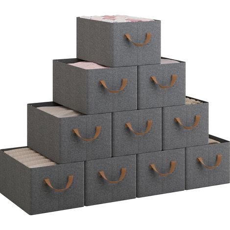 WOLTU Set de 10 cajas de almacenaje plegables, contenedores de tela con asas, 42x32x26 cm, gris+marrón
