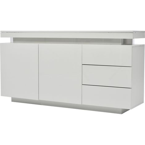 Aparador moderno blanco brillo con LED, 2 puertas y 3 cajones, 140 x 35 x 72,5 cm MODENUIT (1/5)