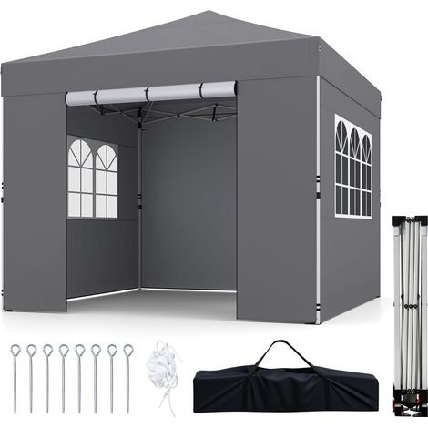 COSTWAY Gazebo Pieghevole da Esterno 300 x 300 cm, Tendone da Giardino in Tessuto Oxford con Parete Laterale Rimovibili, Porta Arrotolabile, Finestre e Borsa da Trasporto (Grigio) (1/5)