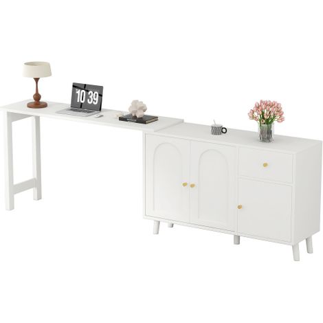 Bureau et buffet multifonction 2-en-1 – Pivotant à 360°, 3 portes, 1 tiroir – Bureau informatique élégant, bureau d'angle, coiffeuse, bureau, buffet