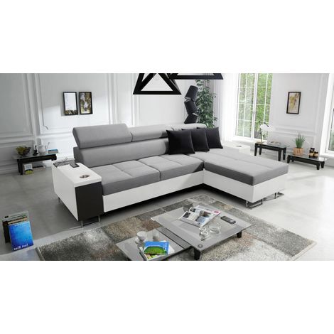 Bequemes Ecksofa mit Schlaffunktion MORENA I MINI Kunstleder/Sawana Weiß/Grau Rechts (1/5)