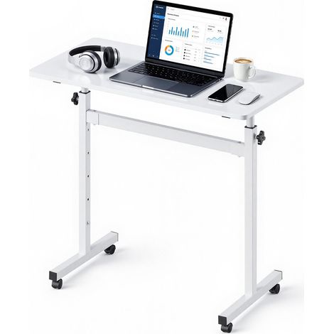 Bureau Assis-Debout Réglable en Hauteur 810x410 mm Bureau Mobile, avec Roulettes Verrouillables, pour Télétravail, Ordinateur Portable et Maison, avec Crochet, Capacité de Charge 25 kg, Blanc (1/5)