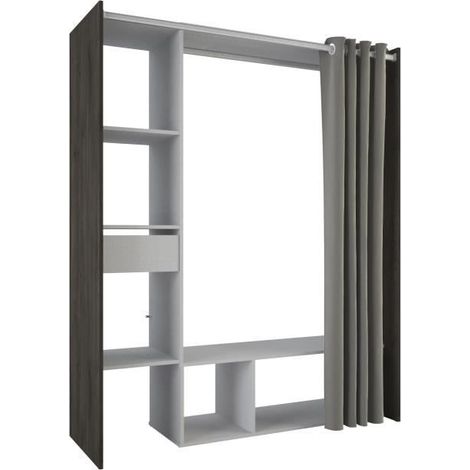 Miroytengo – Dressing MONTANA 115/150 x 49,9 x 183 cm – Décor chêne waterford et gris clair – Rideau inclus – Fabrication française