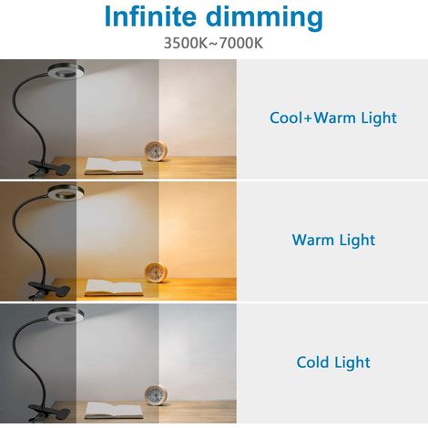 Lampe de bureau à clipser 48 LED Liseuse à clipser flexible à 360° 3 modes d'éclairage et 10 niveaux de luminosité Lampe de bureau LED USB pour étudier et travailler, Noir [Classe énergétique A++] [Cl (1/4)