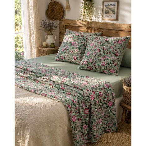 Drap plat 240 × 310 cm + 2 taies d'oreiller 60 × 60 cm – Polycoton – Fabriqué en France - Vert sauge (1/2)