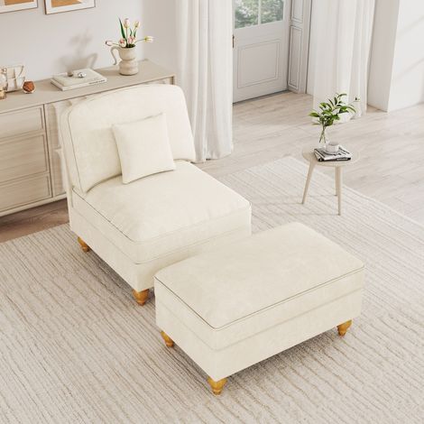 Fauteuil lounge classique confortable en chenille avec tablier à volants amovible, pieds fuselés et repose-pieds mobile - Canapé moelleux et profond pour le salon, blanc. (1/5)