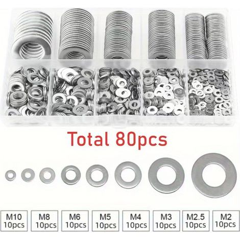 Rondelles Plates en Acier Inoxydable 304, Assortiment de Tailles M2 à M10, Kit de Rondelles pour Boulons et Vis - 80 Pièces