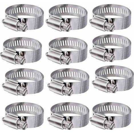 12 Pièces (16-25mm) Collier de Serrage 304 Collier INOX Ajustable en Acier Inoxydable Tuyau Pinces Clips Fixationpour Famille Tuyau d'eau,réservoir de gaz,Tube d'automobiles (1/5)
