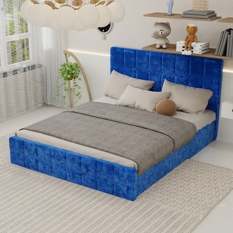 Lit adulte 160x200, lit double capitonné - avec rangement intégré au sommier - design nordique - velours, Bleu (1/5)