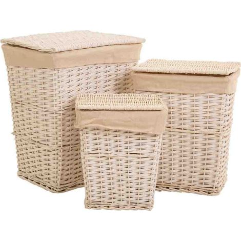 Set 3 cestos de ropa de mimbre blanco forrado