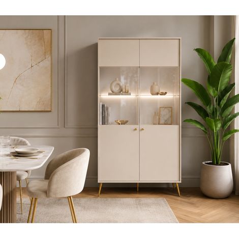 Argentier vitré moderne beige cachemire et pied or EZIA (1/5)